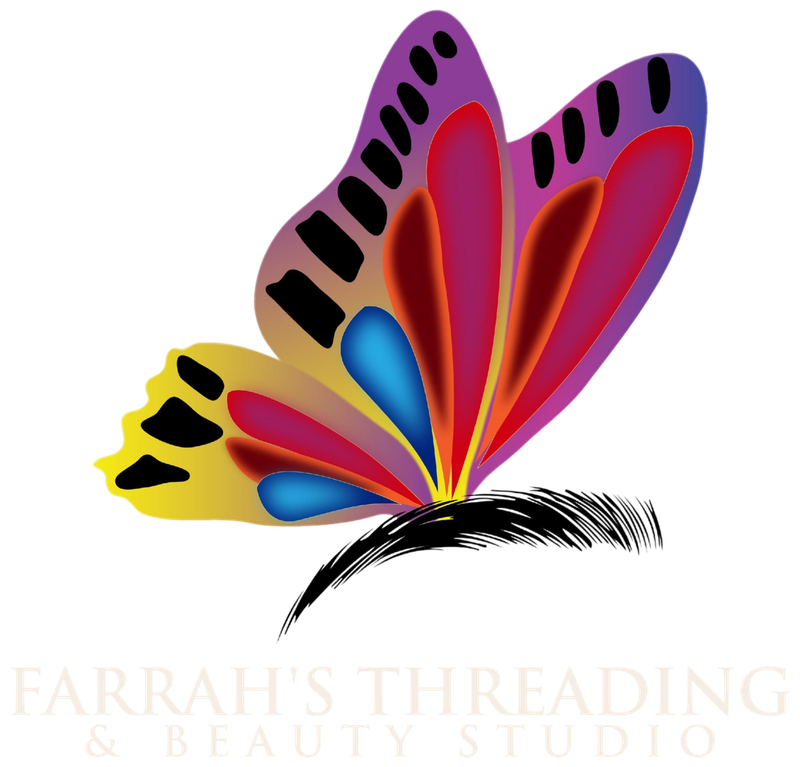 Farrah's Threading & Beauty Studio logo: a butterfly resting on a brow